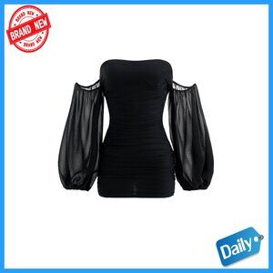 Off Shoulder Long Sleeve Bodycon Mini Dress Mesh Ruched Cocktail Party